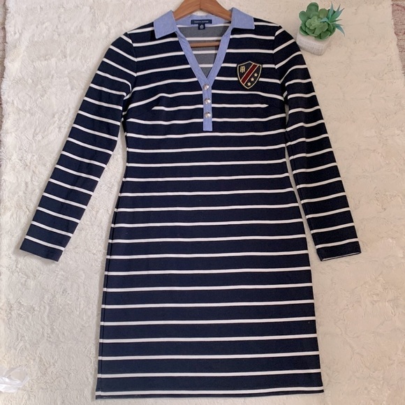 𝅺TOMMY Hilfiger navy/white striped chambray collar crest patch shirt dress - Picture 5 of 11